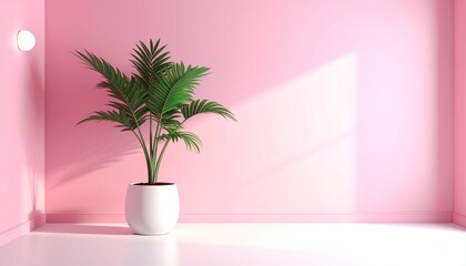 Obraz premium Minimalist Green Plant in White Pot on Pink Wall