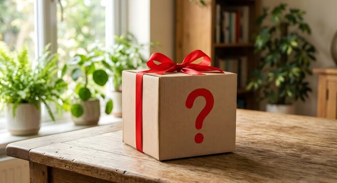 Beige mystery parcel with prominent red question mark and elegant ribbon placed on rustic wooden table in bright room with green foliage bokeh representing anonymous donation or surprise merchandise