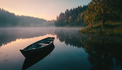 Fototapete Reflection A solitary boat rests on a misty, tranquil lake at dawn, reflected perfectly  © Sulastri
