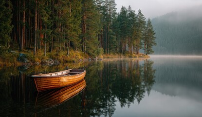 Obraz premium A solitary wooden boat rests on a misty, tranquil lake in a pine forest
