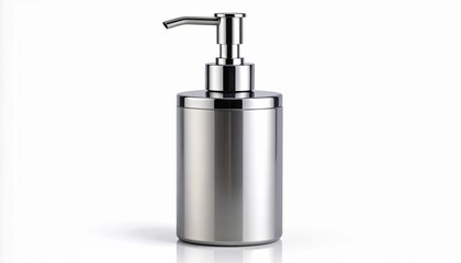 Fototapeta premium Silver Cylindrical Soap Dispenser with Pump on a White Surface