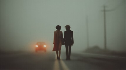 Fototapeta premium Woman and man holding hand walking on road in dense fog. Couple silhouette at night with car headlight in background. Emotional journey home, mysterious atmosphere and romantic mystery.