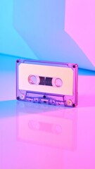 Fototapeta premium Translucent Cassette Tape Lit with Neon Blue and Pink Lights Against Corner