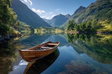 Obraz premium Serene wooden boat rests on tranquil lake, mirroring majestic mountains and sky