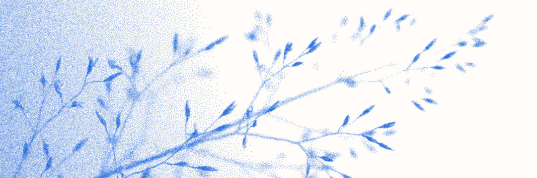 Stipple overlay texture background with blade of grass, cereal spikelet silhouette and cyanotype effect. Vector graphic retro aesthetic print.