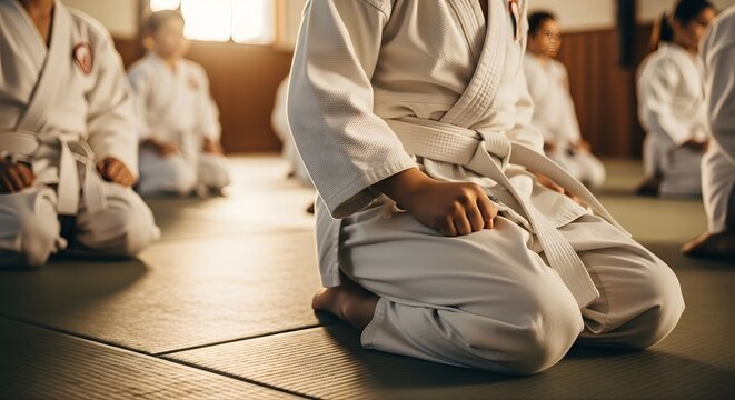 Students in kimonos practicing martial arts, young children sitting on knees, focus on front person, traditional training, group activity, discipline, blurred background of dojo, healthy lifestyle