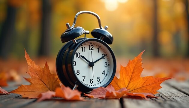 Alarm clock rests on wooden surface surrounded by fallen autumn leaves. Daylight Saving Time ends. Time changes, clocks fall back, shorter days arrive.