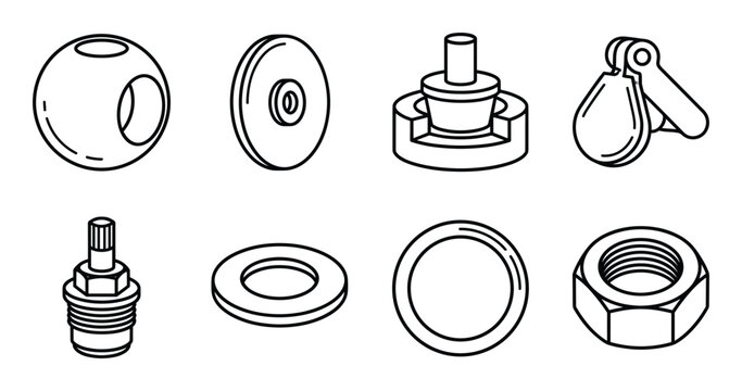 Precision plumbing hardware components and metal spare parts icons for professional repair and fixing