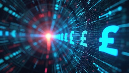Fototapeta premium Digital tunnel with Pound symbols, data streams, and bright light. Futuristic abstract background representing finance, trading, and digital economy.