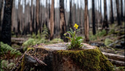 Obraz premium Small yellow flower sprouts from a mossy tree stump in a burnt forest