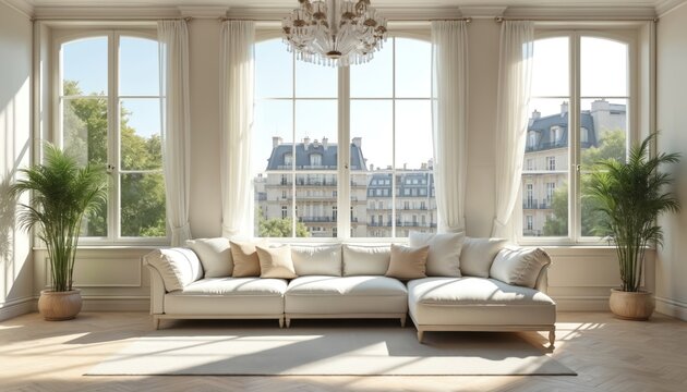 Luxury Paris apartment living room with large windows overlooking city. Beige sofa, potted plants, and chandelier create elegant modern home decor. Bright sunny day indoors.