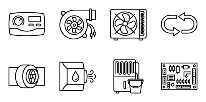 Set of 8 climate control related line icons representing various heating and cooling devices