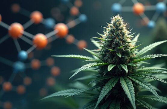 Cannabis plant bud closeup, molecular structure background illustrates endocannabinoid system and homeostasis. Science, medicine, wellness, phytochemistry research shows balance.