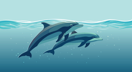 Naklejka premium Flat vector illustration of two dolphins swimming near the water surface