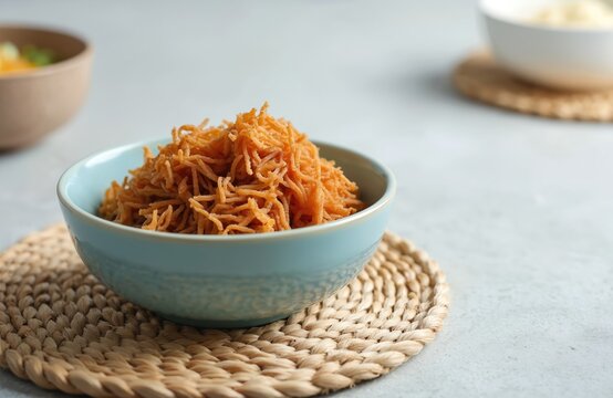 Abon Sapi, dried shredded beef floss, is served in a light blue bowl on a woven mat. This savory meat snack is a popular Asian dish, perfect for breakfast or as a side.