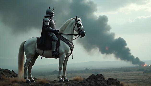 Knight in armor rides white horse on rocky terrain. Smoke and fire rise in distance on battlefield. Dramatic stormy sky overhead. Epic historical scene.