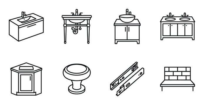 Set of bathroom vanity cabinets and fixtures on transparent background vector line art