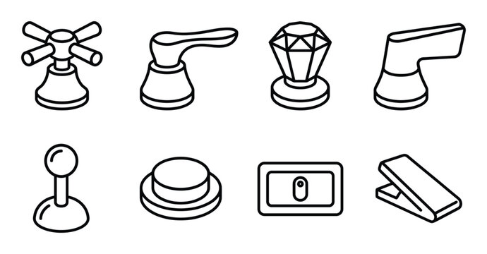 Set of eight faucet and handle icons in outline style isolated on transparent background