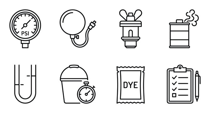 Set of eight industrial and scientific icons in outline style isolated on transparent background