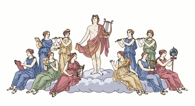 Classical figures with lyre, flutes, masks, globe, and scrolls on clouds