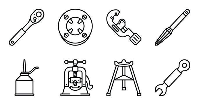 Set of eight outline icons for various plumbing hand tools and equipment for pipe work