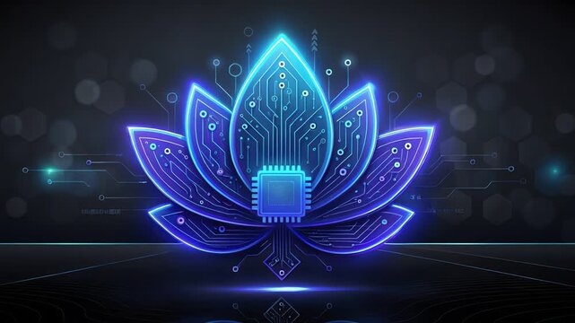 Digital lotus flower with circuit board patterns and central microchip representing artificial intelligence and technological enlightenment