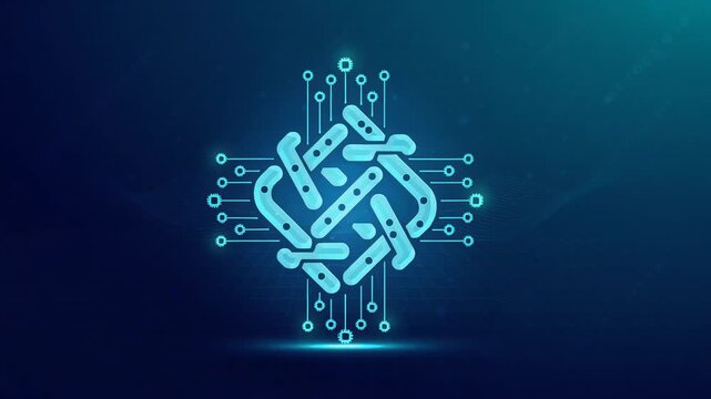 Abstract digital node with glowing turquoise circuit board patterns and glowing connection points representing secure blockchain network and global data connectivity