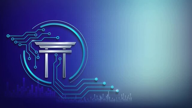 Cybernetic square emblem with glowing sphere and circuit patterns on dark background with copy space for digital technology and business concepts