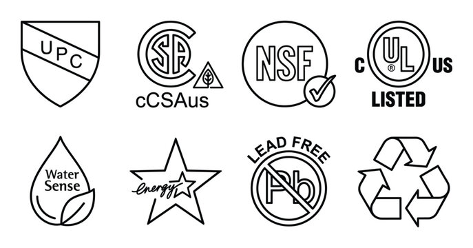 Set of eight plumbing quality certification outline icons for product packaging and promotion