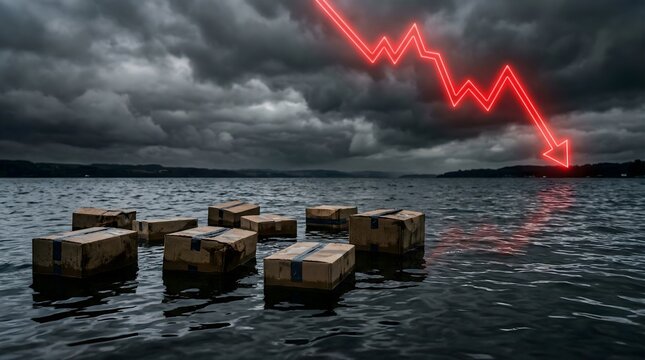 A red decline arrow illuminates stormy waters where shipping boxes float as a metaphor for economic crisis showing a sharp fall and business downturn with cloudy sky and dark lake