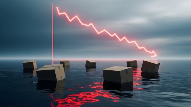 A vibrant red decline arrow hovers above a calm body of water reflecting the economic downturn as floating cardboard boxes symbolize a distressed market or failing supply chain