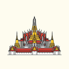 Obraz premium A stylized illustration depicting an architectural complex featuring tiered roofs, golden spires, and a white facade against a beige backdrop