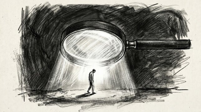 A conceptual charcoal sketch illustration of a tiny person being scrutinized under a massive magnifying glass, representing themes of surveillance, social pressure, and intense investigation.