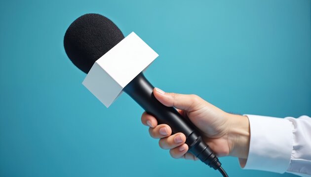 Reporter holds a microphone with blank white flag. Person conducts interview on blue background. Media pro records sound for broadcast news show or podcast.