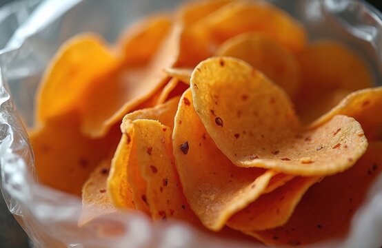 Thin crispy papadums are pile in plastic bag ready to eat. Spicy lentil flatbreads, a popular indian snack food. Delicious crunch, savory flavor, common in cuisine.