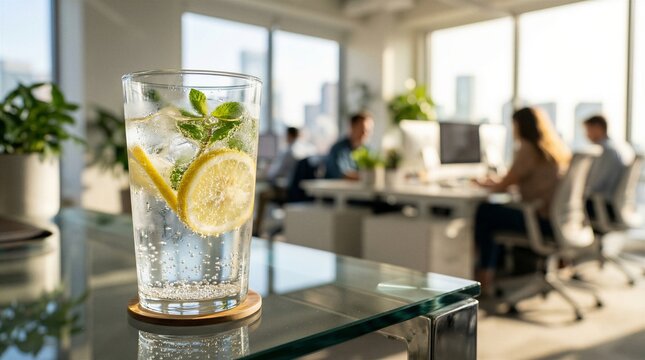 Refreshing glass of sparkling water with fresh lemon slices and mint leaves on an office desk with blurred workers in the background, promoting hydration and health in the workplace.