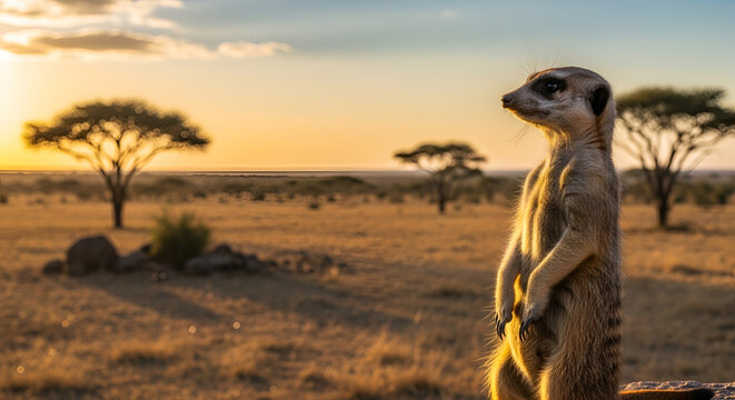 Alert meerkat standing tall in the African savanna at sunset watching out for predators in golden light environment; wildlife photography