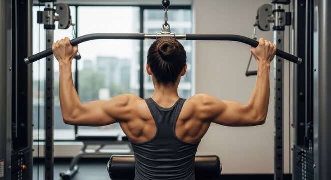 Woman performing lat pulldown exercise in gym