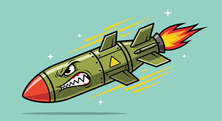 Fototapeta premium Angry Cartoon Rocket Missile Flying with Fire.