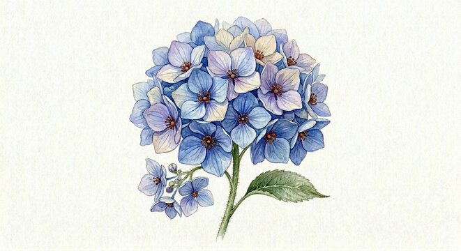 Vintage watercolor blue hydrangea flower illustration, isolated on white, botanical art.
화이트 배경에 고립된 빈티지 수채화 스타일의 블루 수국 세밀화 일러스트