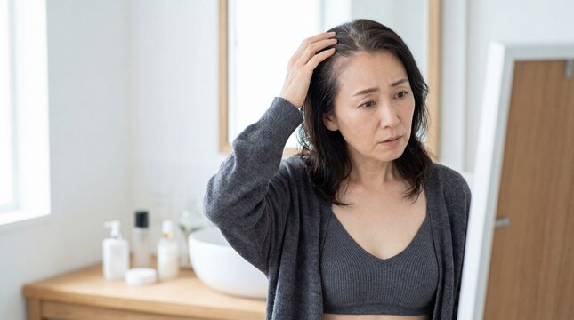 薄くなってきた髪の生え際を鏡でチェックする、50代日本人女性の髪の悩み