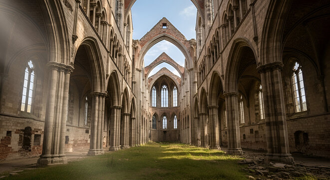 Ancient abbey ruins with gothic arches and grass floor under blue sky creating a sense of history and grandeur bathed in natural light