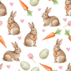 Fototapeta premium Realistic Watercolor Rabbit Pattern with Carrots and Pastel Easter Eggs
