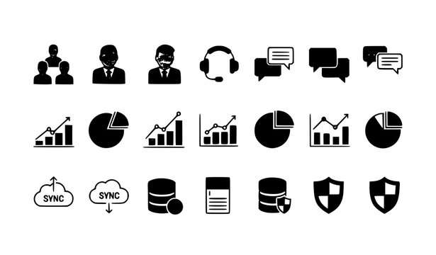 Customer support and data analytics icon grid with user profiles charts cloud database editable stroke flat vector