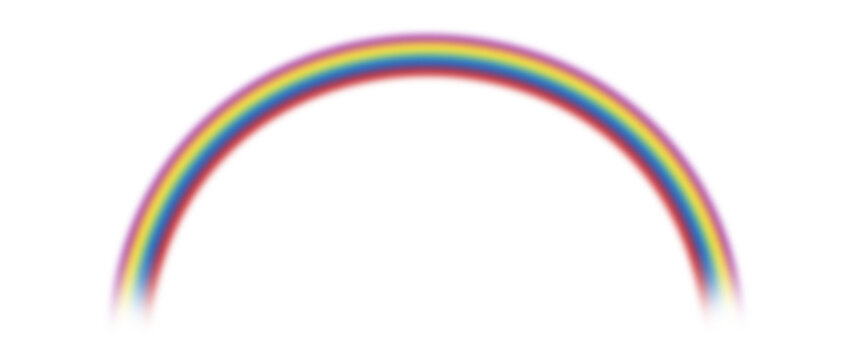A beautiful blurred rainbow gracefully arcs across a pure white background, displaying its full vibrant spectrum of colors in a soft and dreamy natural illustration.