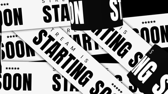 White and black paper rolls starting soon streaming overlay. Bold typography monochrome animation