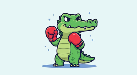 Cute cartoon alligator wearing boxing gloves ready to fight Vector Illustration. © NFS Studio