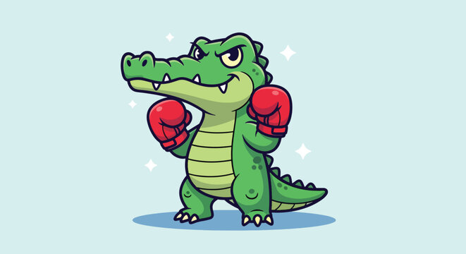 Cute Cartoon Alligator Wearing Boxing Gloves Ready to Fight.