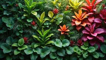 Obraz premium Wall covered with many different lush green leaves, bright tropical plants like ginger or bromeliad. Colors range from deep green to vibrant pink red, orange foliage creating rich botanical texture.