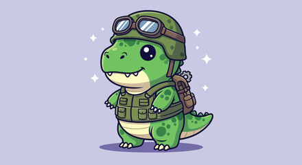 Cute Cartoon Dinosaur Soldier Wearing Military Gear. © NFS Studio